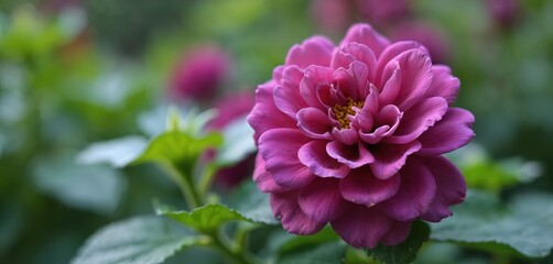 Obraz premium Close-up of a vibrant pink floribunda rose bloom with layered petals. Soft focus green leaves create a natural garden backdrop. Perfect for floral and nature themes.