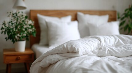 Cozy Minimalist Bedroom with White Bedding and Indoor Plants