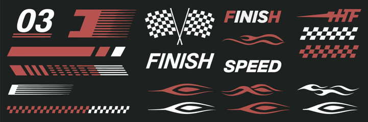 Motorsport Racing Graphics with Checkered Flags, Speed Motion Blur and Flame Decals © 弗莱彻