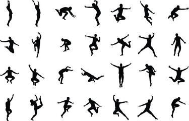 Collection of black silhouettes in various jumping, falling, dancing, and flying poses, representing freedom, energy, movement, and human dynamics isolated on white.
