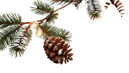 Bright holiday garland of fir needles, pine cones and glowing multicolor bulbs on white. png