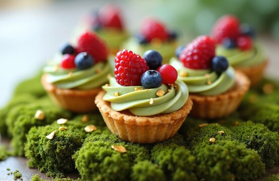 Small tarts with green matcha cream topping and fresh berries plus edible gold bits sit on mossy ground. These mini desserts feature crisp pastry shells with creamy filling, perfect for gourmet treat.