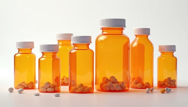 Several orange plastic prescription bottles with white caps stand in a line on a white surface. Some bottles contain pills, others are empty. Studio lighting illuminates the containers.