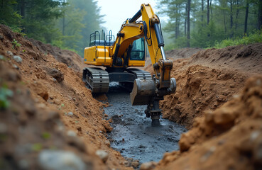 Fototapeta premium Yellow excavator digs trench for underground fiber optic cable installation in forest area. Construction equipment works on modern communication network expansion. Heavy machine digs dirt for