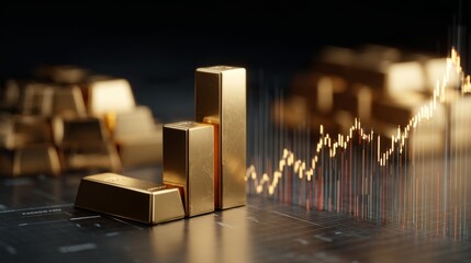 Gold bars stacked prominently with stock market graph background showcasing rising trends in finance and investment opportunities for wealth management