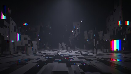 A dark and moody city street at night with neon lights reflecting off wet pavement