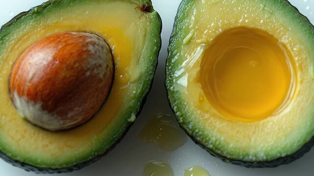 Close-up of freshly halved ripe avocado with seed and droplets