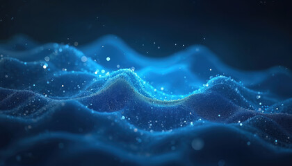 Abstract blue waves shimmer with small bright particles. Smooth digital surface undulates like water. Futuristic glowing network forms light and data flow.