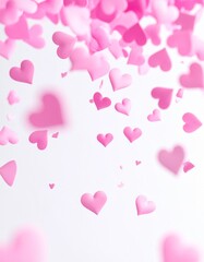 Confeti de corazones rosados flotando y cayendo sobre fondo blanco, creando una atm&oacute;sfera rom&aacute;ntica, ligera y festiva, ideal para San Valent&iacute;n, amor y celebraciones.