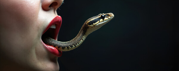 Woman with red lips opens mouth, snake tongue emerges. Symbolizes toxic speech, deception, betrayal, venomous words, and hidden danger in communication.