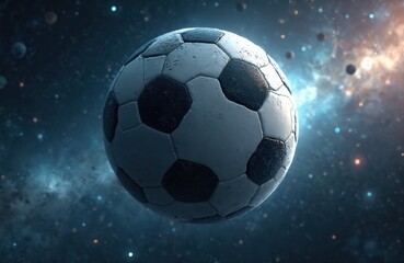 Fototapeta premium Soccer ball floats in dark cosmos with distant nebulae. Stars and planets drift around the sports sphere. Global competition concept with dark space background.