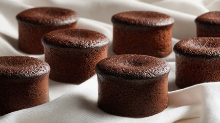 Clean arrangement of small chocolate souffles on linen-white backdrop with deep shadows