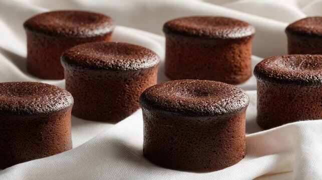 Clean arrangement of small chocolate souffles on linen-white backdrop with deep shadows
