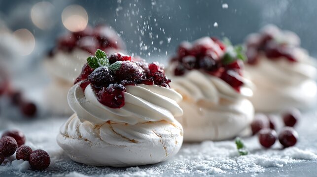 Clean composition of festive mini pavlovas with cranberry topping on snowy white