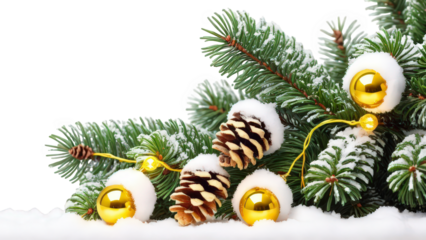 Bright multicolored Christmas lights woven through snowy evergreen garland with pinecones. PNG