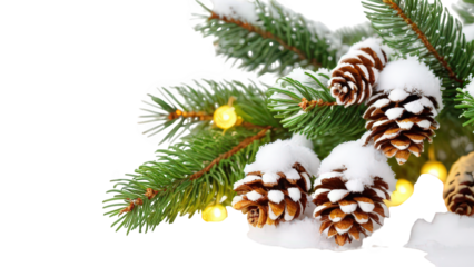 Festive Christmas garland with colorful lights, pine branches and cones on white background. PNG