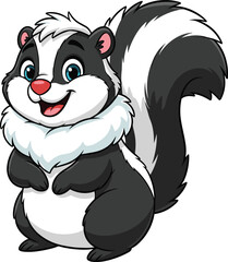 Cartoon skunk, smiling animal, black and white fur, bushy tail, cute forest creature, kids illustration, cheerful pose, friendly character, playful expression, standing upright © Moniruzzaman