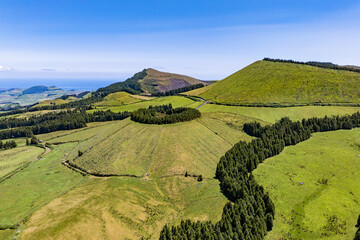 Aerial view of lake Pau Pique lagoon surrounded by forest, Azores. Round green lake surrounded by coniferous forest on Sao Miguel © Leonid