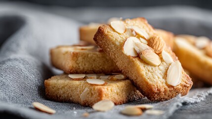 Clean layout of buttery Christmas biscuits with almond flakes on soft grey linen