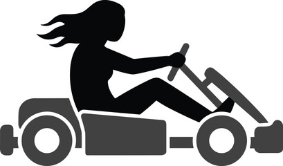Black silhouette vector illustration of a young woman driving a race kart, symbolizing speed, adrenaline, motor sports, competition, and fun racing. © AVIJIT