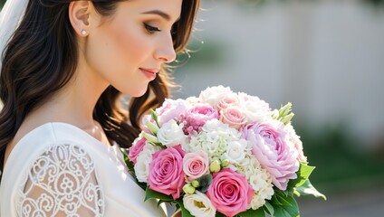 Profile view of a happy bride holding a bouquet of pink and white roses. Young woman in a wedding dress with lace and veil outdoors