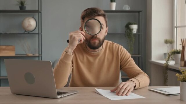 A man examining documents with magnifying glass. The man looks serious, with an intense expression as he focuses on his work Stock Video