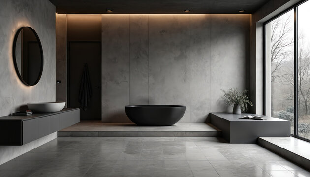 Modern grey stone bathroom interior. Features freestanding black tub, large window with outdoor view. Minimalist design with floating vanity, round mirror with light.