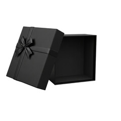 Elegant black gift box with ribbon and bow isolated on transparent background