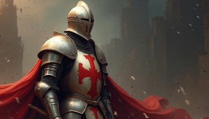 Naklejka premium Medieval knight in full armor with red crusader cross emblem and flowing cloak stands before castle ruins. Warrior represents holy war, combat, and history.