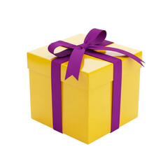 Beautiful yellow gift box with purple ribbon isolated on transparent background