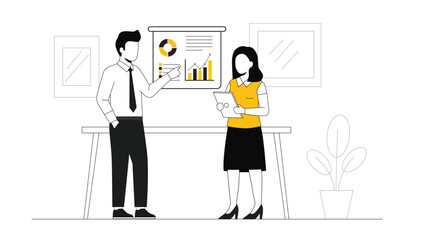 Business presentation illustration with faceless characters discussing data in office