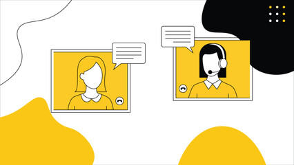 Online video call illustration with faceless characters communicating through virtual meeting