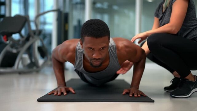 A determined man doing push-ups in a modern gym setting. A trainer is present, offering support and guidance Stock Video