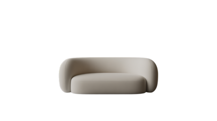 Modern upholstered armchair with soft curves and neutral beige fabric, isolated on white background.