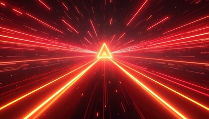 Abstract red neon light lines form a tunnel perspective towards a glowing triangle. Fast motion streaks create a futuristic cyberspace digital speed effect for banners and gaming graphics.