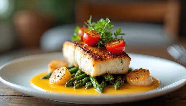 Seared fish fillet atop asparagus and scallops in rich yellow sauce. Garnished with cherry tomatoes and fresh herbs. Elegant plate presentation for fine dining. A healthy meal choice.