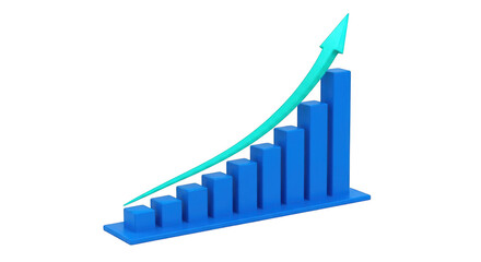 3d blue bar graph with upward trending green arrow indicating growth and success