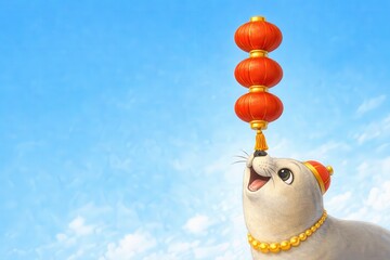 Cheerful seal balancing lanterns for chinese new year celebration spring festival bright sky festive atmosphere