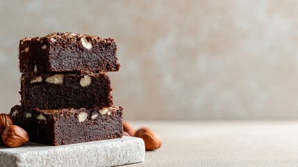 Minimalist arrangement of hazelnut brownies on light stone backdrop with crisp lines