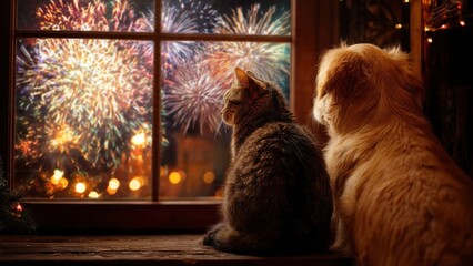 Best Friends Celebrate: Domestic cat and golden dog sit by the warm window at night, watching a spectacular display of bright golden and colorful fireworks explode outside.