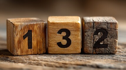 Wooden cubes displaying number one, two, and three on burlap surface representing task priority, workflow, and to-do list management concept
