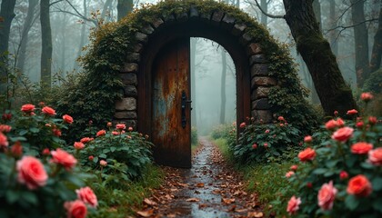 Fototapeta premium Stone archway doorway with overgrown ivy opens to misty path. Red roses bloom along forgotten garden route, hinting at secrets within woods. Old, weathered wood door beckons exploration.