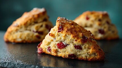 Minimalist arrangement of orange-cranberry scones on muted warm green background