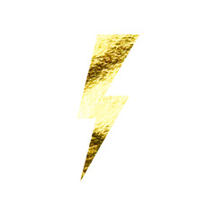 Golden lightning bolt icon. Gold foil texture. Flash symbol, thunderbolt. Simple lightning strike sign. Vector illustration