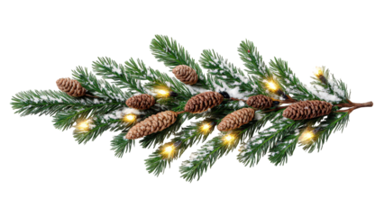 Vibrant festive frame of evergreen needles, pinecones and colorful holiday lights. png