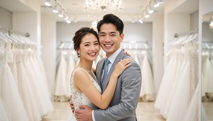 Happy Asian wedding couple posing in a bridal shop. Portrait of a bride and groom hugging in a wedding dress boutique. Marriage preparation concept