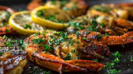 Fototapeta premium Close-Up of Grilled Shrimp with Lemon Garnish and Fresh Herbs on a Beautifully Cooked Platter for Delicious Culinary Presentation and Food Photography