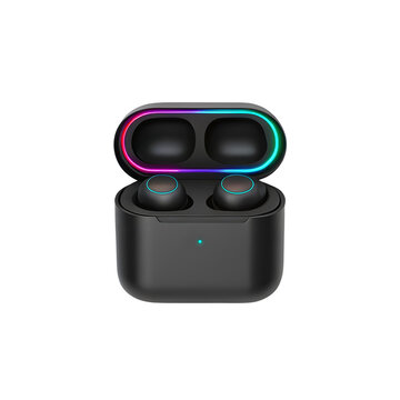 Modern black true wireless stereo earbuds with open charging case featuring vibrant rgb lighting isolated on transparent background