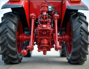 Red agricultural tractor rear view. Heavy duty machinery with hydraulic system and large tires. Ready for farm work, implements attachment point is visible.