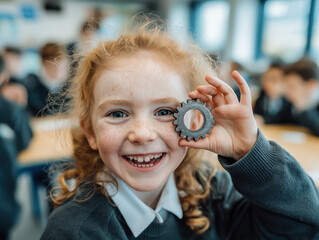 Little student girl interested in engineering and mechanics, holding a cogwheel